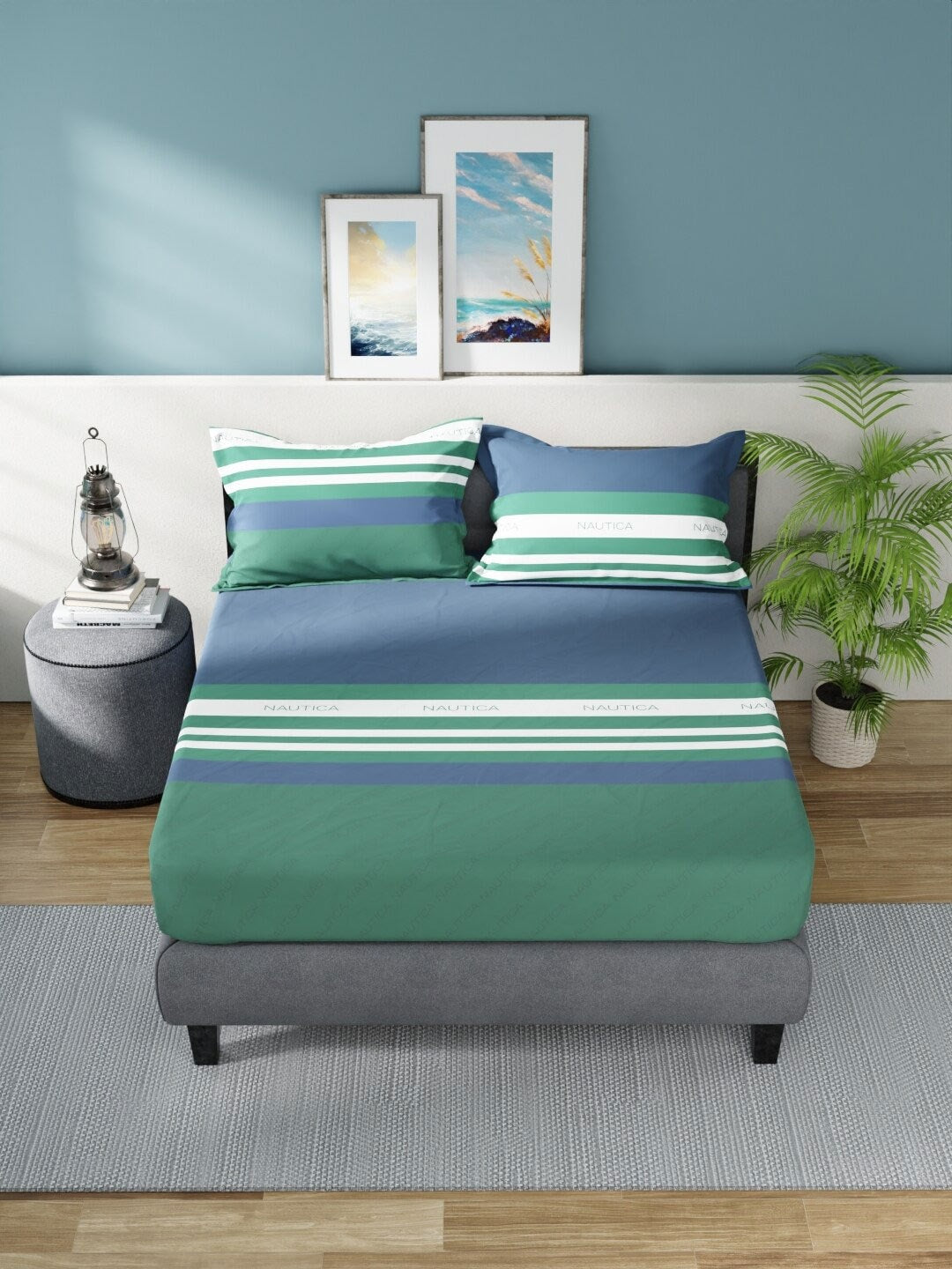 Nautica Bradford Blue & Green Striped 160 TC Pure Cotton King Bedsheet & 2 Pillow Covers | Grocsy