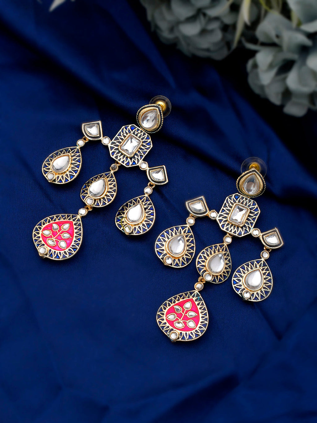 Shoshaa Gold-Polished Balck & Pink Kundan Enamel Drop Earrings | Grocsy