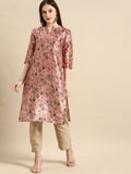 All About You Women Dusty Pink Floral Block Print Chanderi Silk Blend Straight Kurta | Grocsy