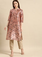 All About You Women Dusty Pink Floral Block Print Chanderi Silk Blend Straight Kurta | Grocsy