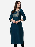 HERE&NOW Women Teal Ethnic Motifs Embroidered Kurta | Grocsy