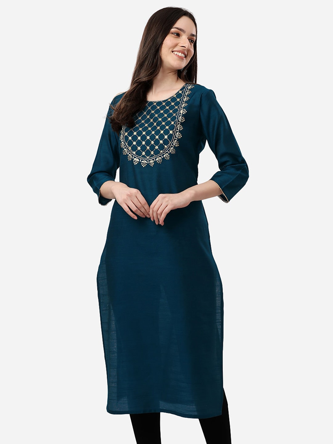 HERE&NOW Women Teal Ethnic Motifs Embroidered Kurta | Grocsy