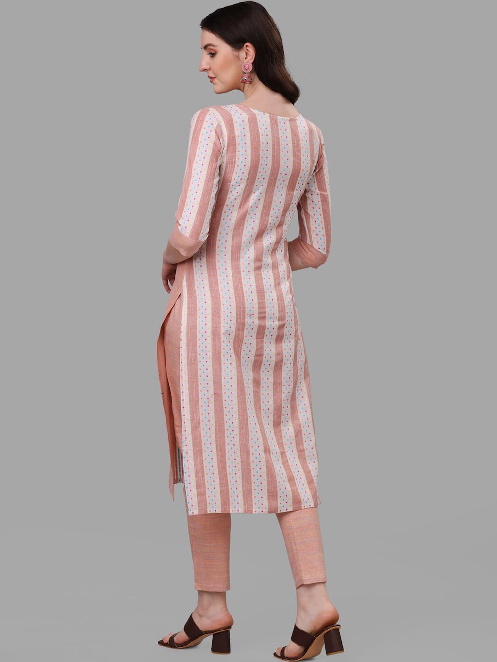 HERE&NOW Peach & White Striped Pure Cotton Kurta With Trousers & Dupatta | Grocsy
