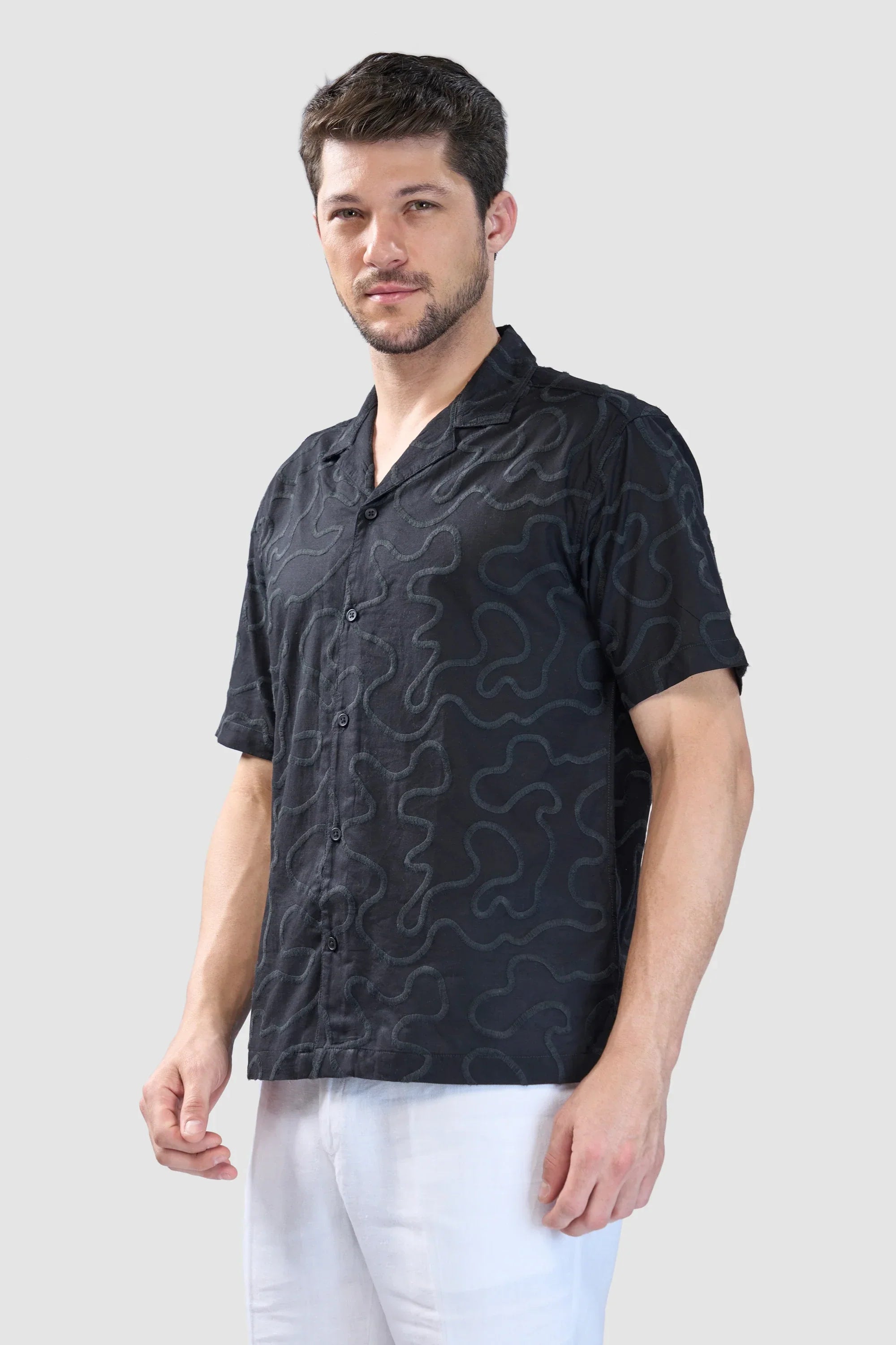 Xkind Black Embroidered Relaxed Fit Shirt | Grocsy