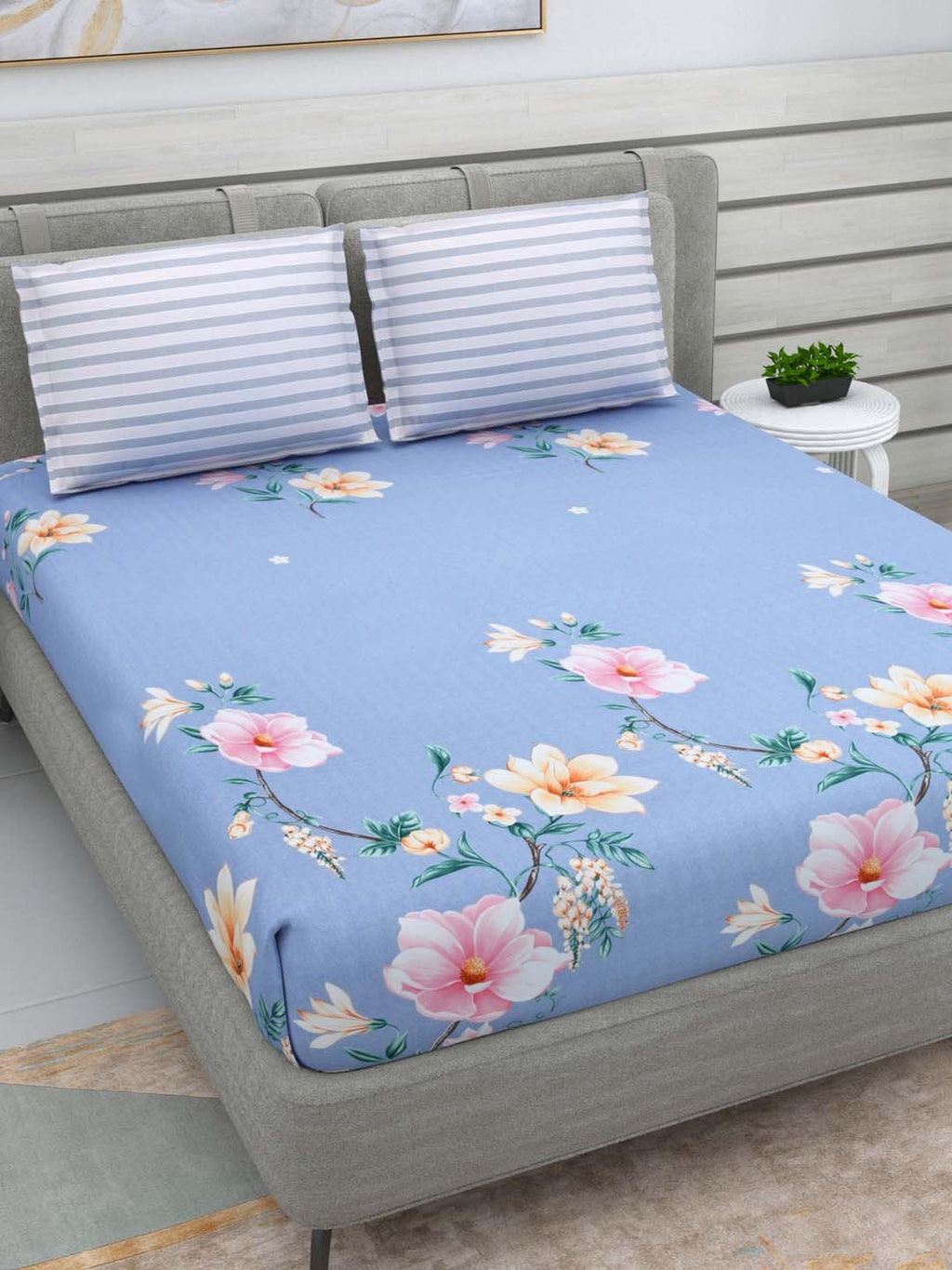 DREAM WEAVERZ Blue & Pink Floral Glazed Cotton 220 TC King Bedsheet with 2 Pillow Covers | Grocsy
