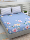 DREAM WEAVERZ Blue & Pink Floral Glazed Cotton 220 TC King Bedsheet with 2 Pillow Covers | Grocsy