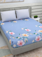 DREAM WEAVERZ Blue & Pink Floral Glazed Cotton 220 TC King Bedsheet with 2 Pillow Covers | Grocsy