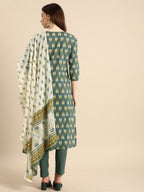 All About You Women Grey Ikat Printed Pure Cotton Kurta with Trousers & Dupatta | Grocsy