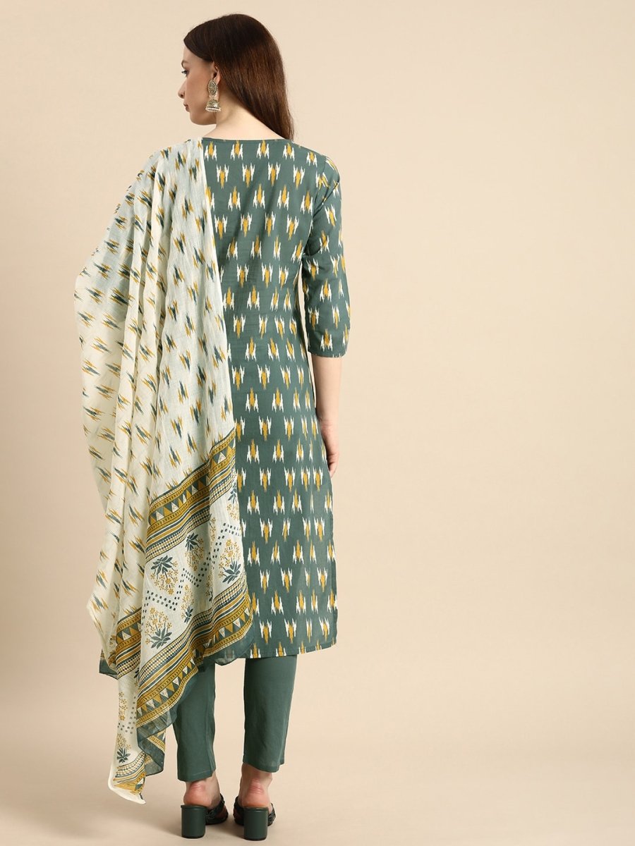 All About You Women Grey Ikat Printed Pure Cotton Kurta with Trousers & Dupatta | Grocsy