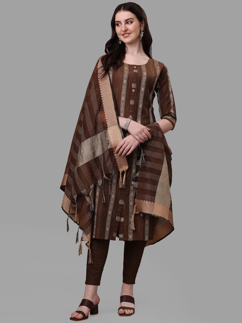 HERE&NOW Brown Striped Regular Pure Cotton Kurta With Trousers & Dupatta | Grocsy