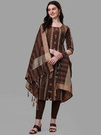 HERE&NOW Brown Striped Regular Pure Cotton Kurta With Trousers & Dupatta | Grocsy