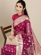 Saree Mall Magenta Ethnic Motifs Zari Organza Banarasi Saree | Grocsy