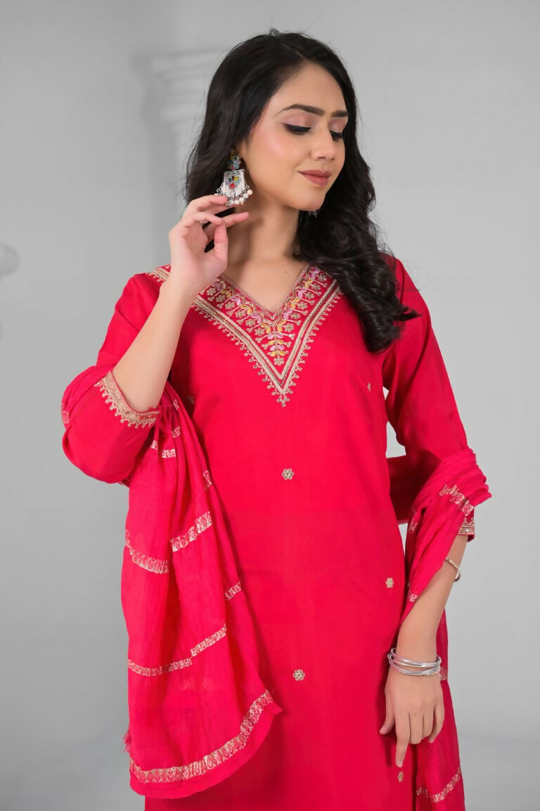 Ethnic Festive Wear Chanderi Red Stitched Suit With Dupatta - Tanisha | Grocsy