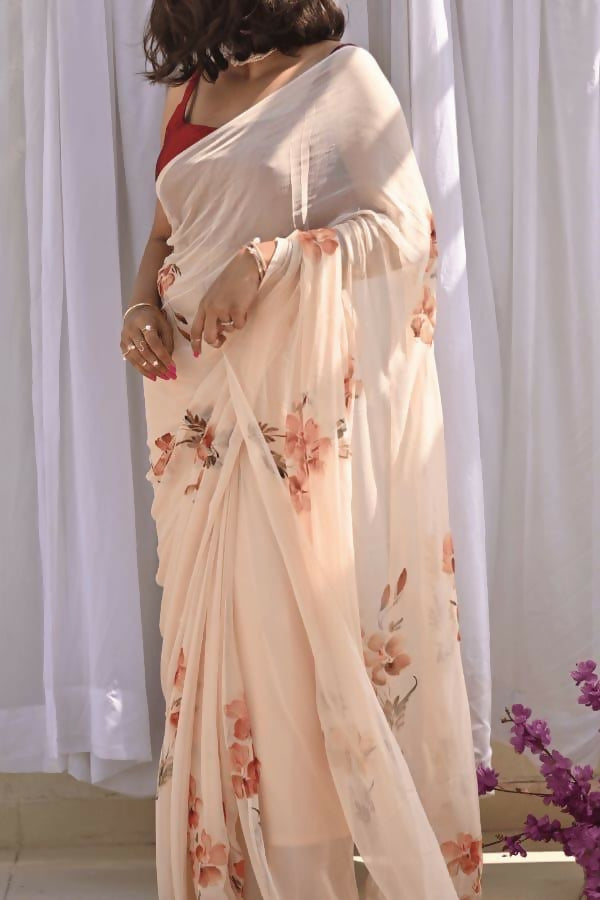 Exclusive Collection Beautiful Light Cream Pure Cotton Hand Print Handloom Saree With Running Blouse Piece | Grocsy