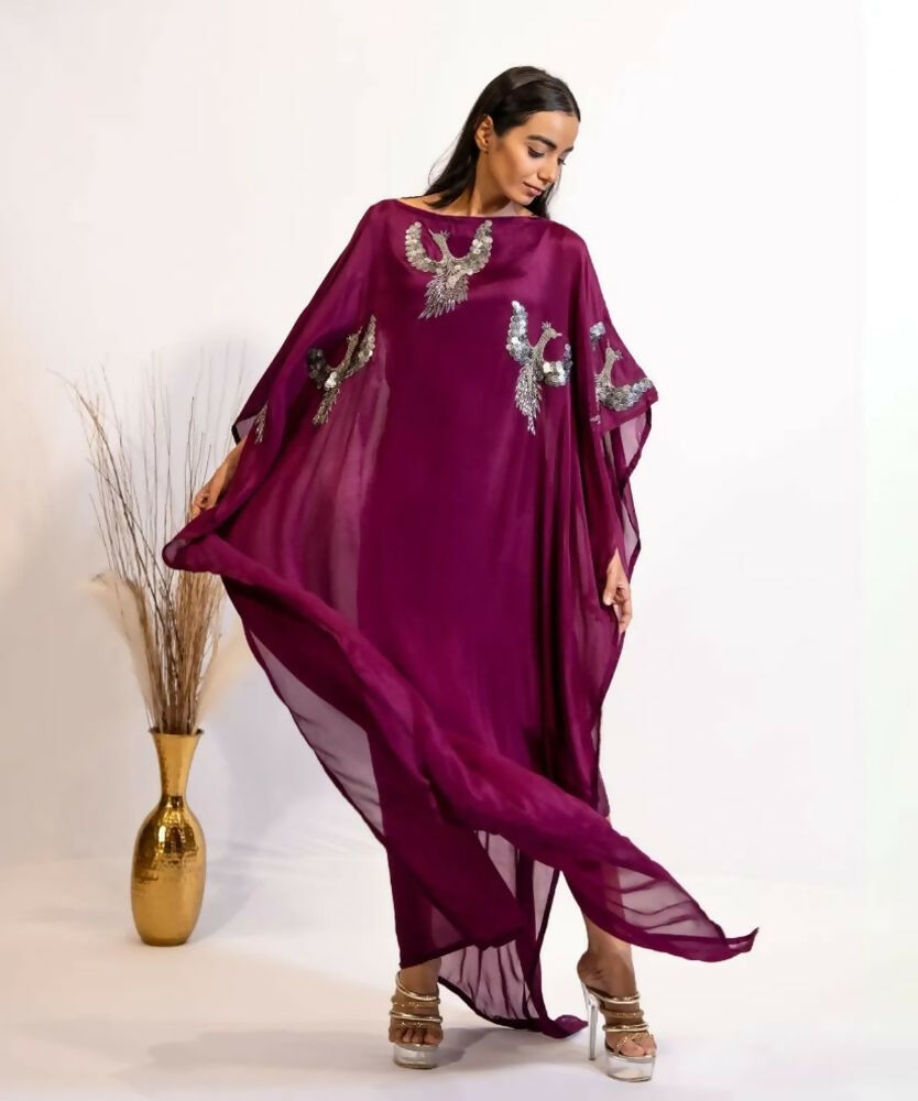 Timaraa Plum Hand Embellished Bird Kaftan Dress | Grocsy
