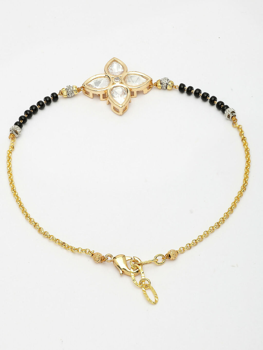 NVR Women Gold-Polished & Black Brass Stone-Studded Hand Mangalsutra Link Bracelet | Grocsy