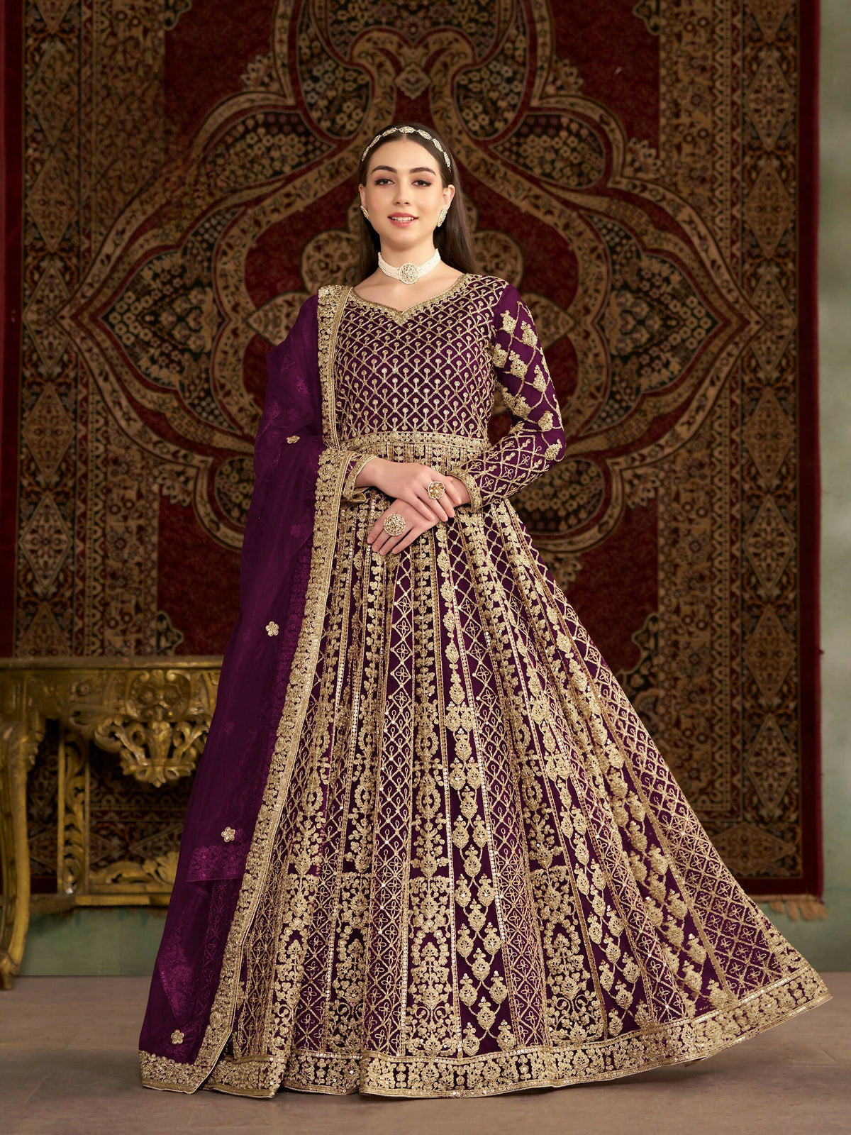 Anaita Purple Embroidered Net Stitched Anarkali Suit | Grocsy