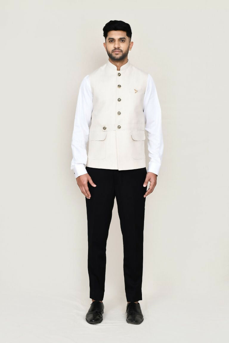 Joban Fashion Cream Colored Cotton Satin Work Men's Jacket | Grocsy