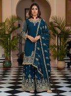 Teeya Creation Teal Chinon Silk Designer Wedding Wear Embroidery Work Palazzo | Grocsy