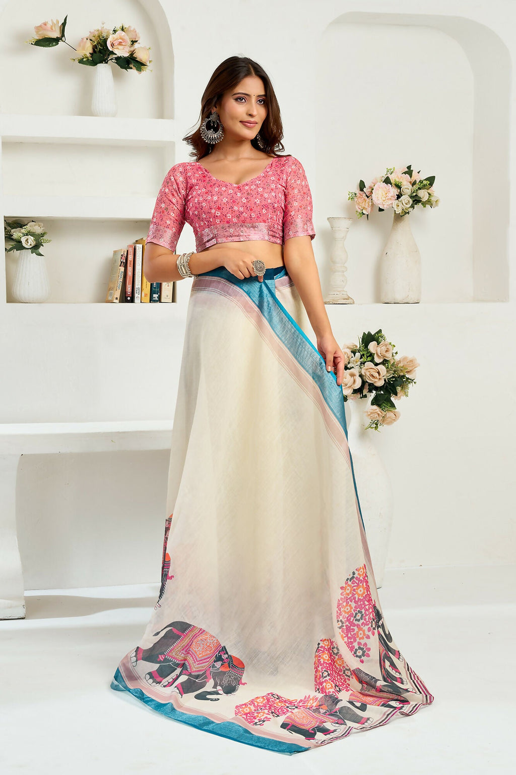 Vastranavya Cream Digital Printed Linen Ready To Wear Designer Saree with Unstitched Blouse | Grocsy