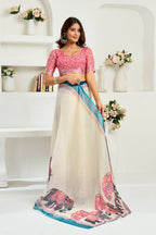 Vastranavya Cream Digital Printed Linen Ready To Wear Designer Saree with Unstitched Blouse | Grocsy
