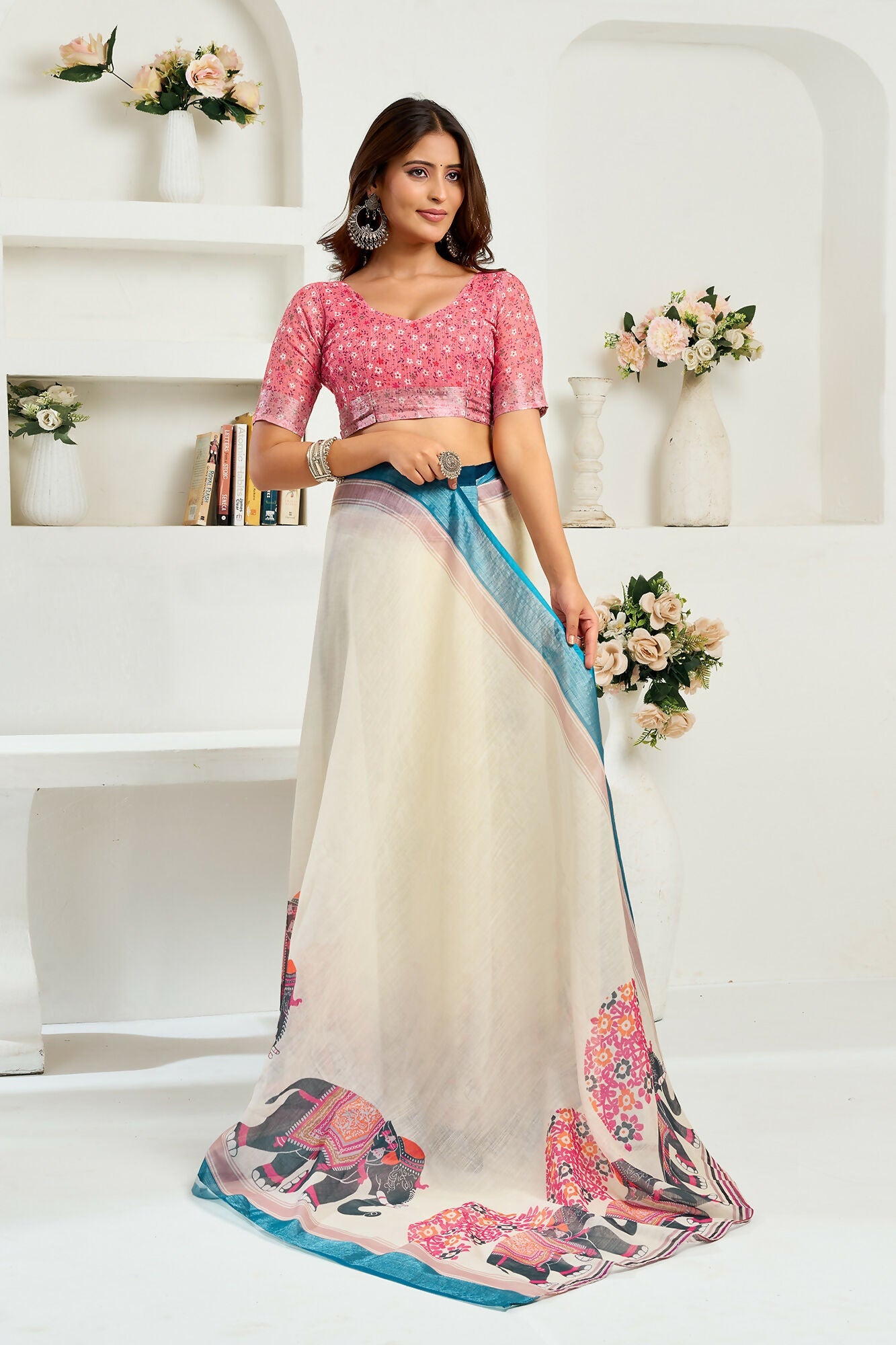 Vastranavya Cream Digital Printed Linen Ready To Wear Designer Saree with Unstitched Blouse | Grocsy