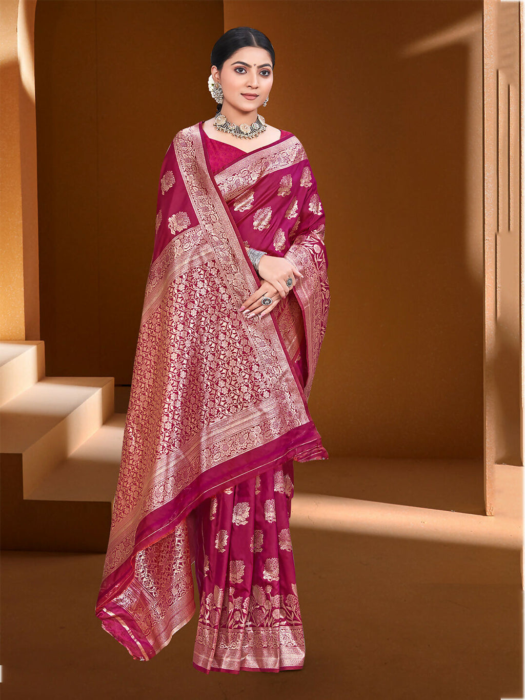 Sangam Prints Dark Pink Silk Woven Work Traditional Saree | Grocsy