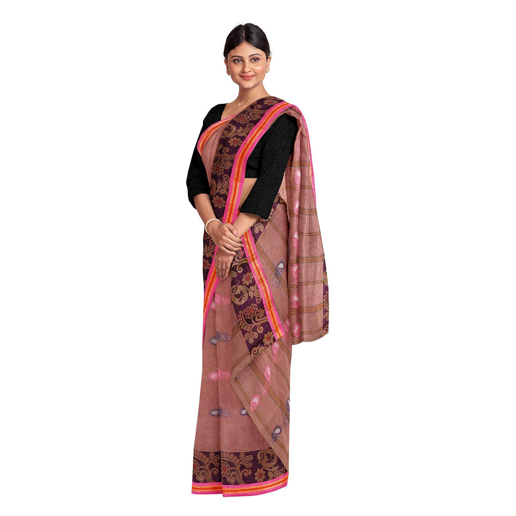 Exclusive Collection 100% Pure Cotton Mauve Tant Saree With Hand Weaving Work | Grocsy