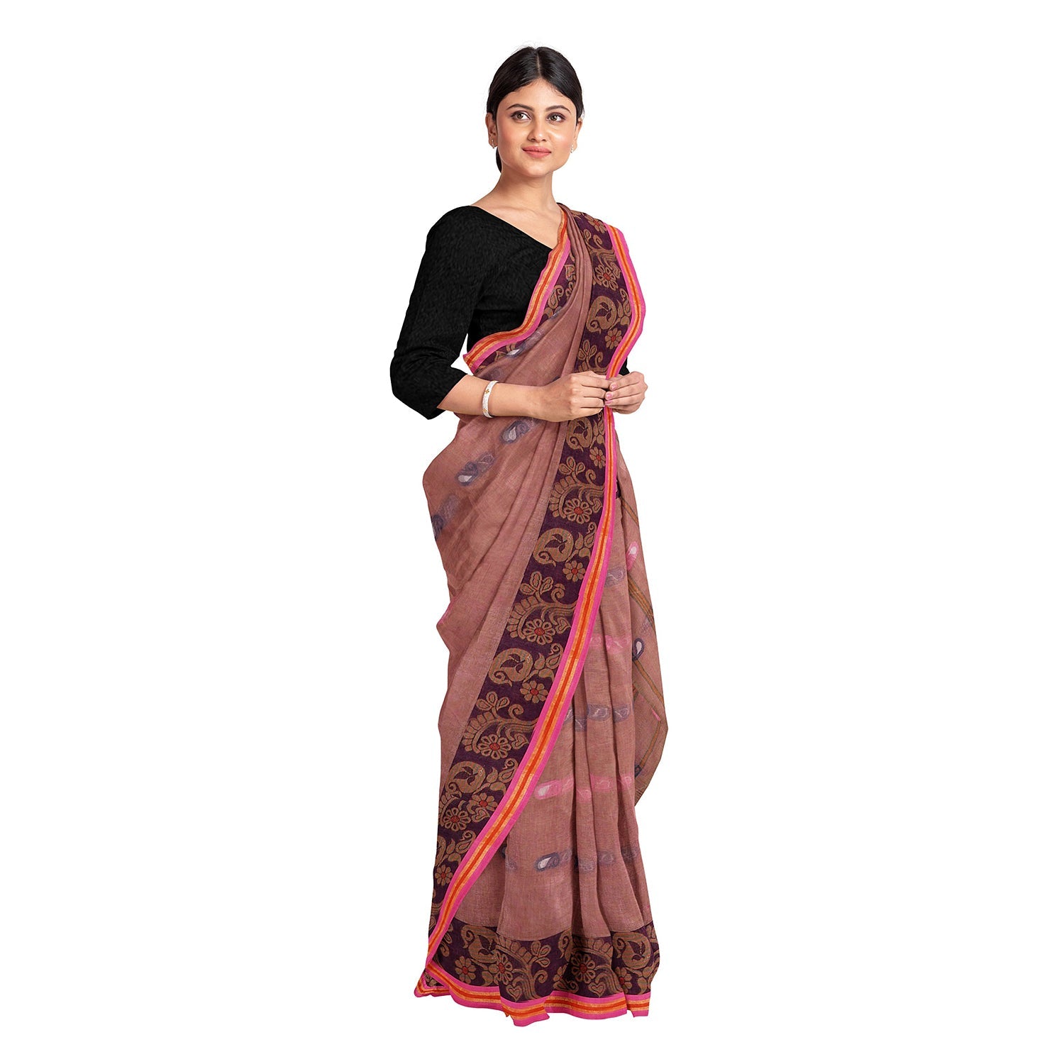 Exclusive Collection 100% Pure Cotton Mauve Tant Saree With Hand Weaving Work | Grocsy