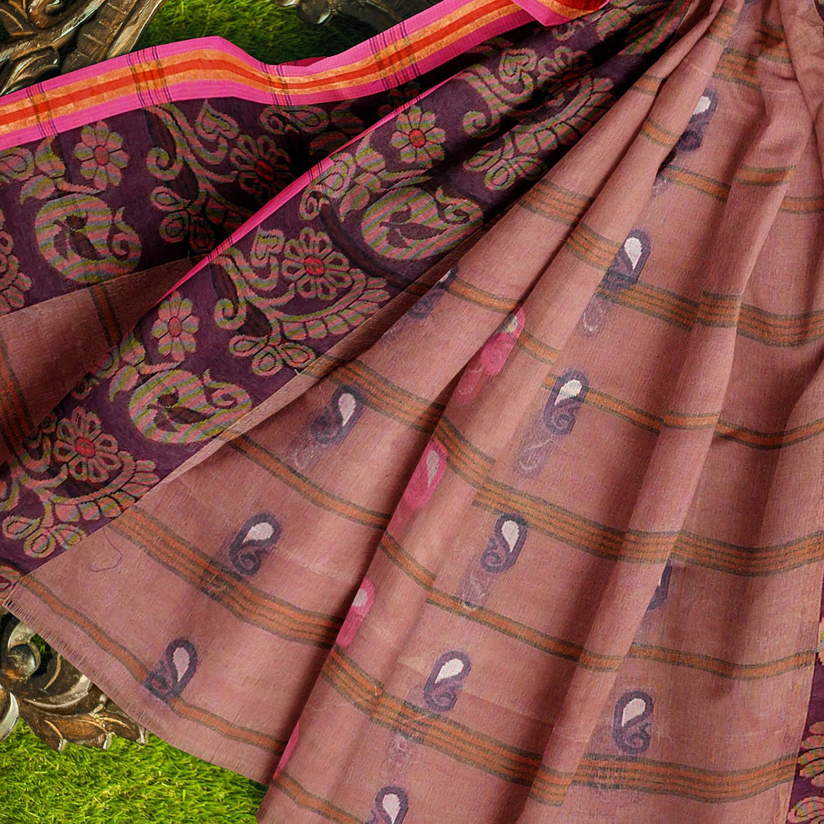 Exclusive Collection 100% Pure Cotton Mauve Tant Saree With Hand Weaving Work | Grocsy