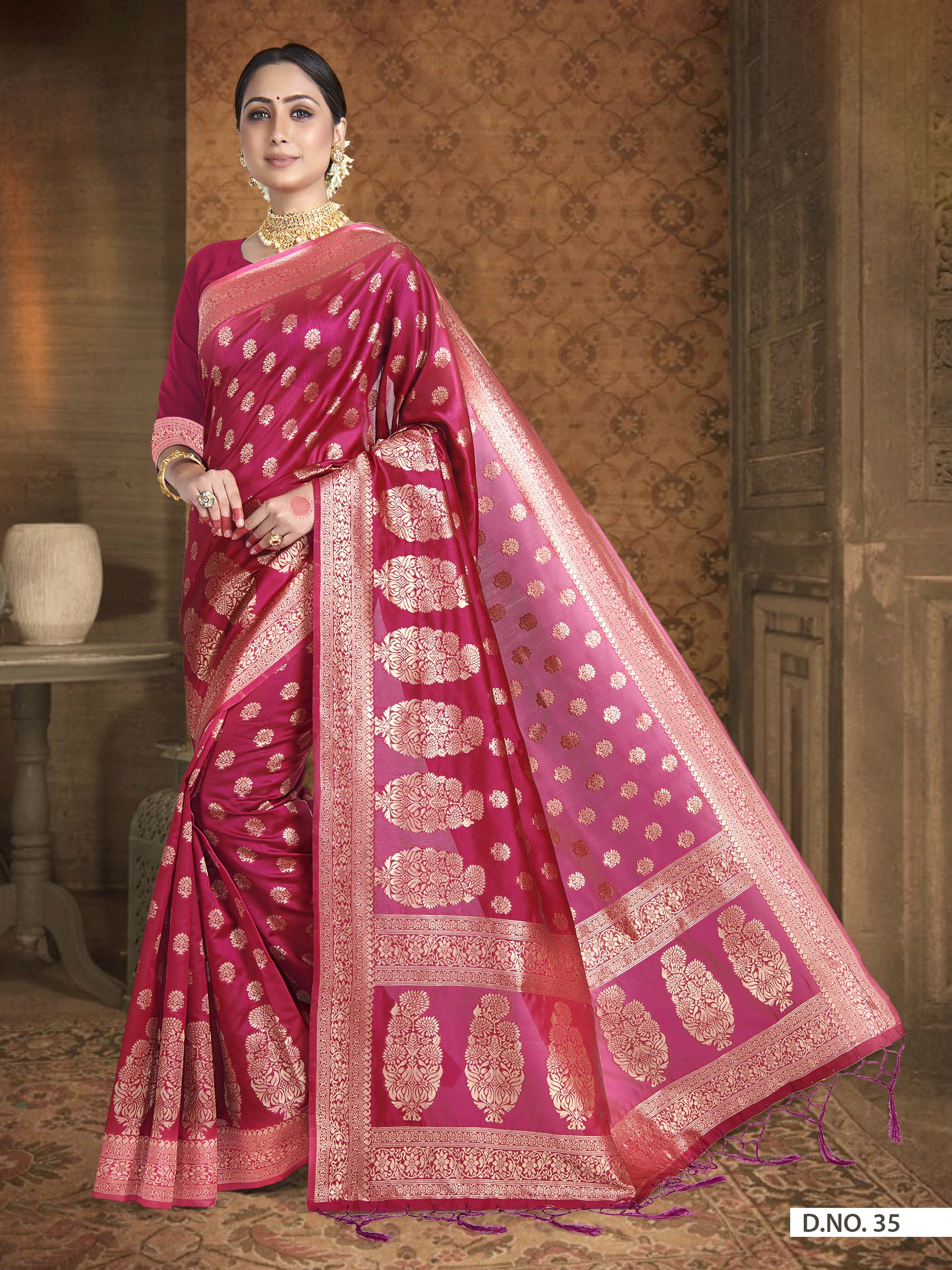 Vardha Ruby Red Woven Banarasi Saree | Grocsy