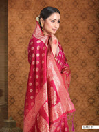 Vardha Ruby Red Woven Banarasi Saree | Grocsy