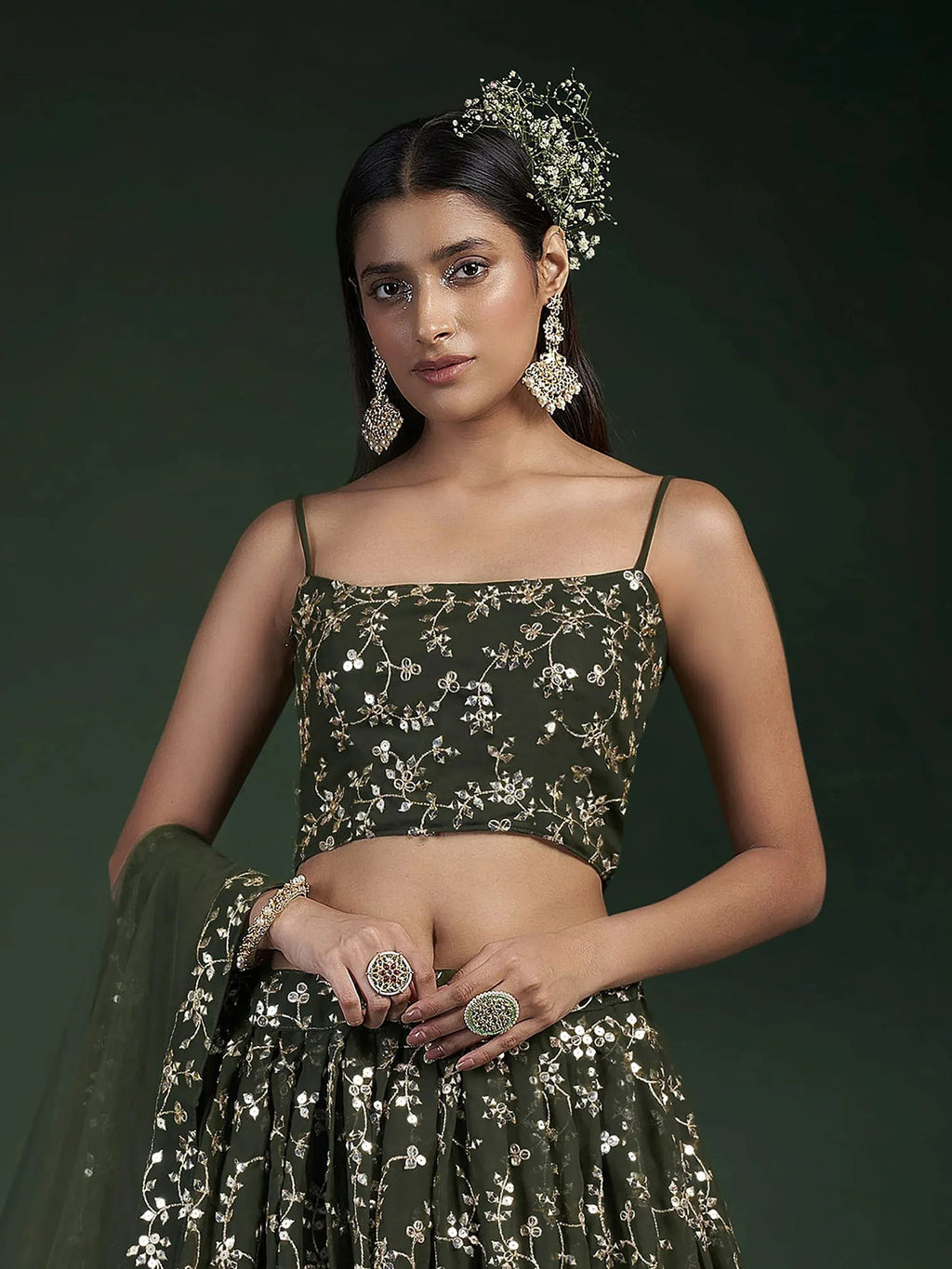 Tulsi Art Desirable Olive Green Sequins Embroidered Georgette Lehenga Choli | Grocsy