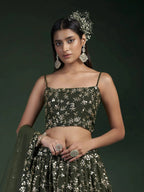 Tulsi Art Desirable Olive Green Sequins Embroidered Georgette Lehenga Choli | Grocsy
