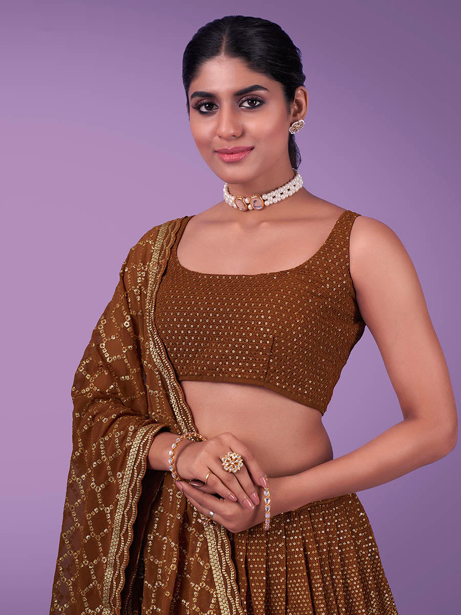 Myra Brown Georgette Embroidered Designer Lehenga | Grocsy