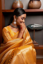 Vardha Dandelion Yellow Silver Zari Kanjeevaram Silk Saree | Grocsy
