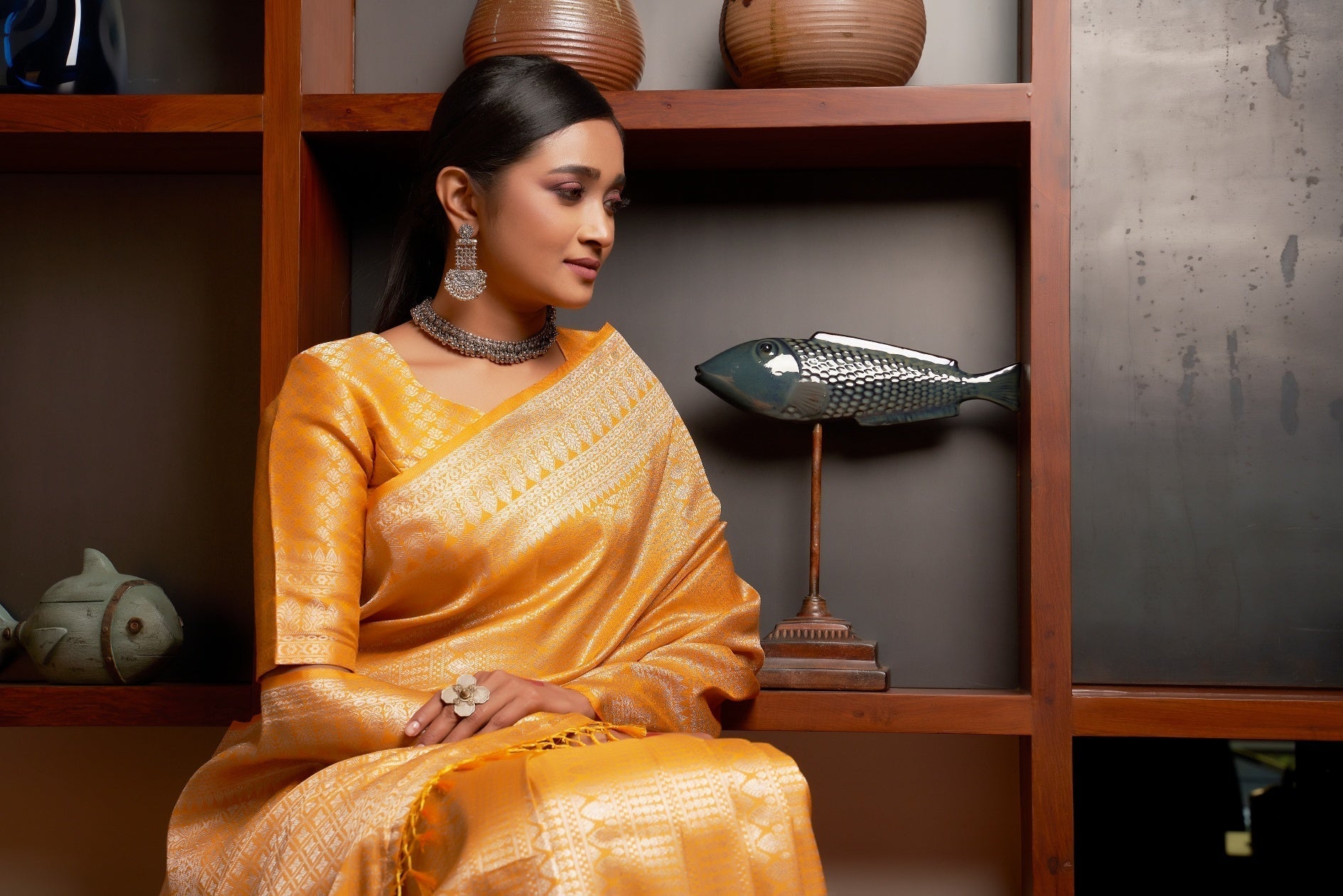 Vardha Dandelion Yellow Silver Zari Kanjeevaram Silk Saree | Grocsy