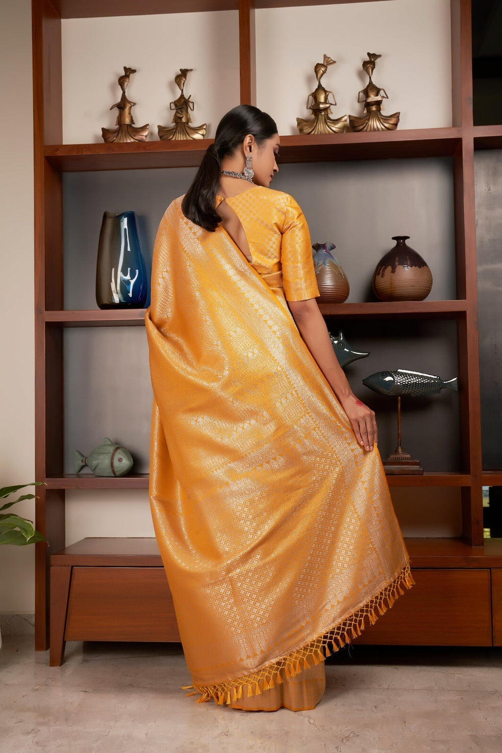 Vardha Dandelion Yellow Silver Zari Kanjeevaram Silk Saree | Grocsy