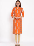 HERE&NOW Orange & White Ethnic Motifs Printed Straight Kurta | Grocsy