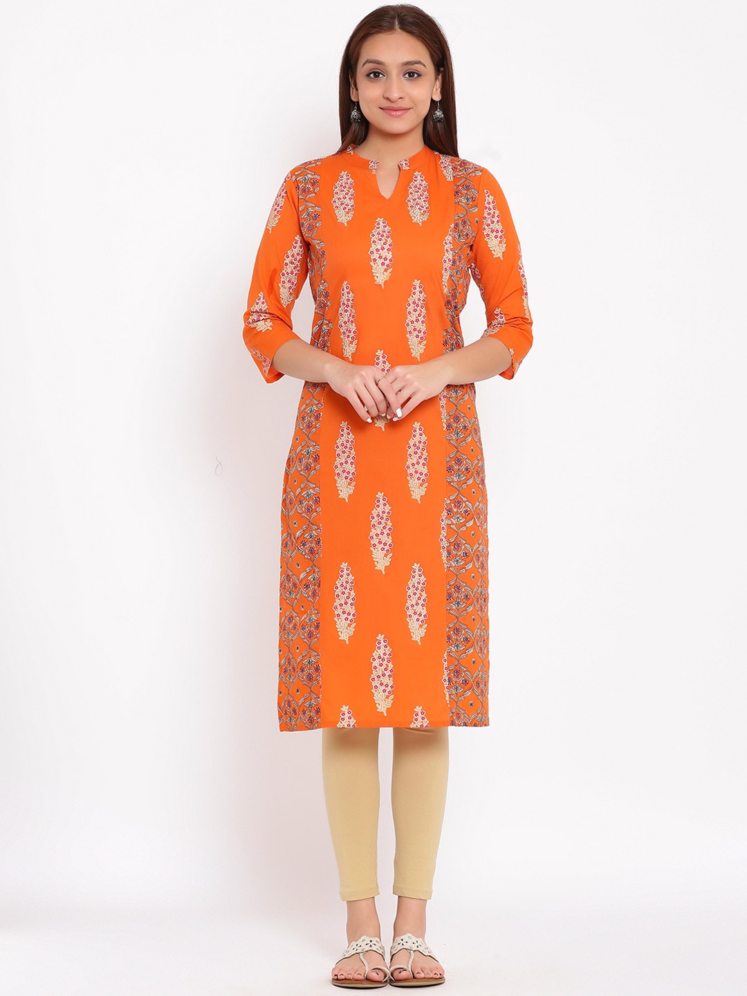HERE&NOW Orange & White Ethnic Motifs Printed Straight Kurta | Grocsy