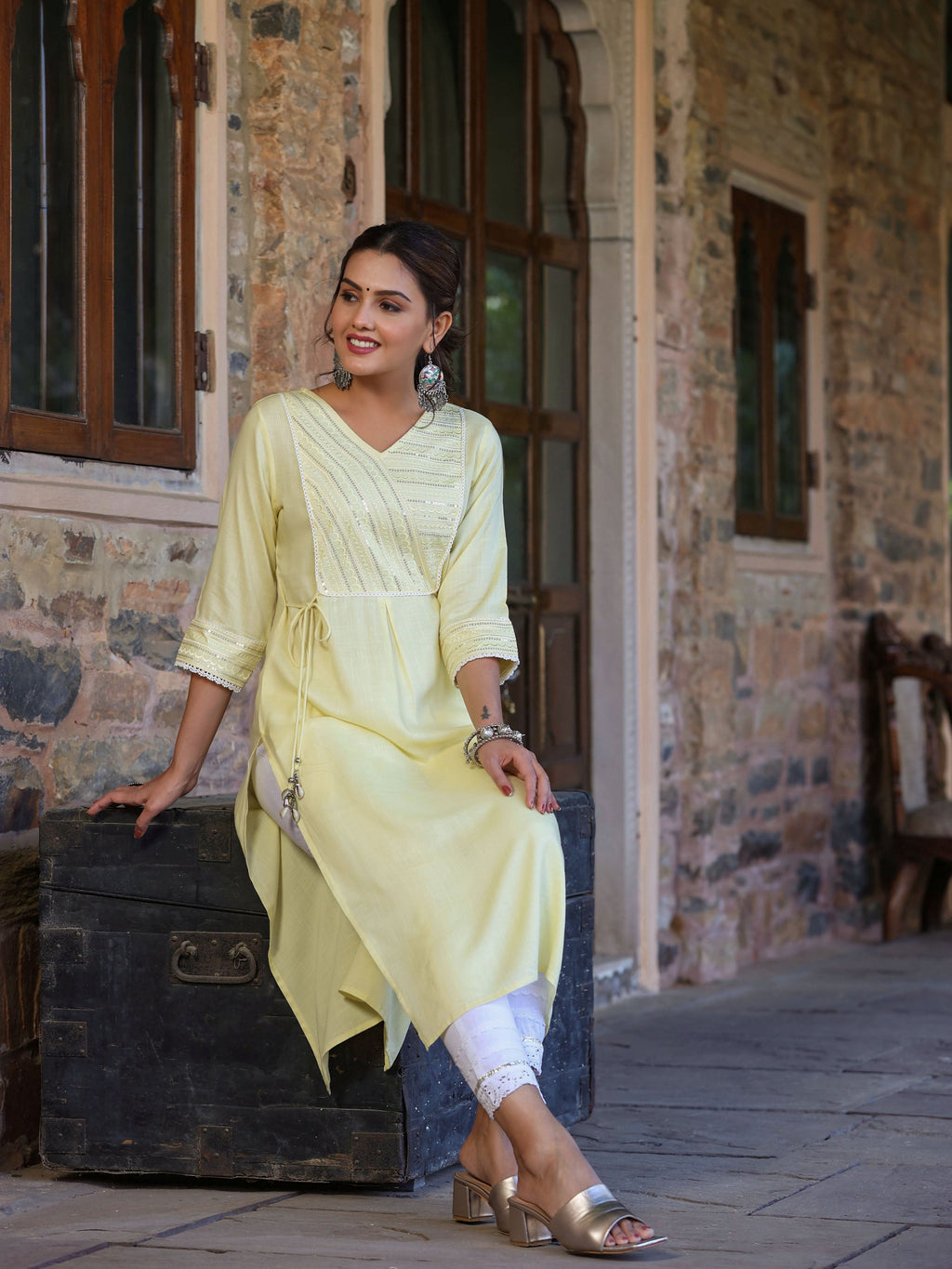 Juniper Women's Lemon Rayon Slub Solid Embroidered Straight Kurta | Grocsy