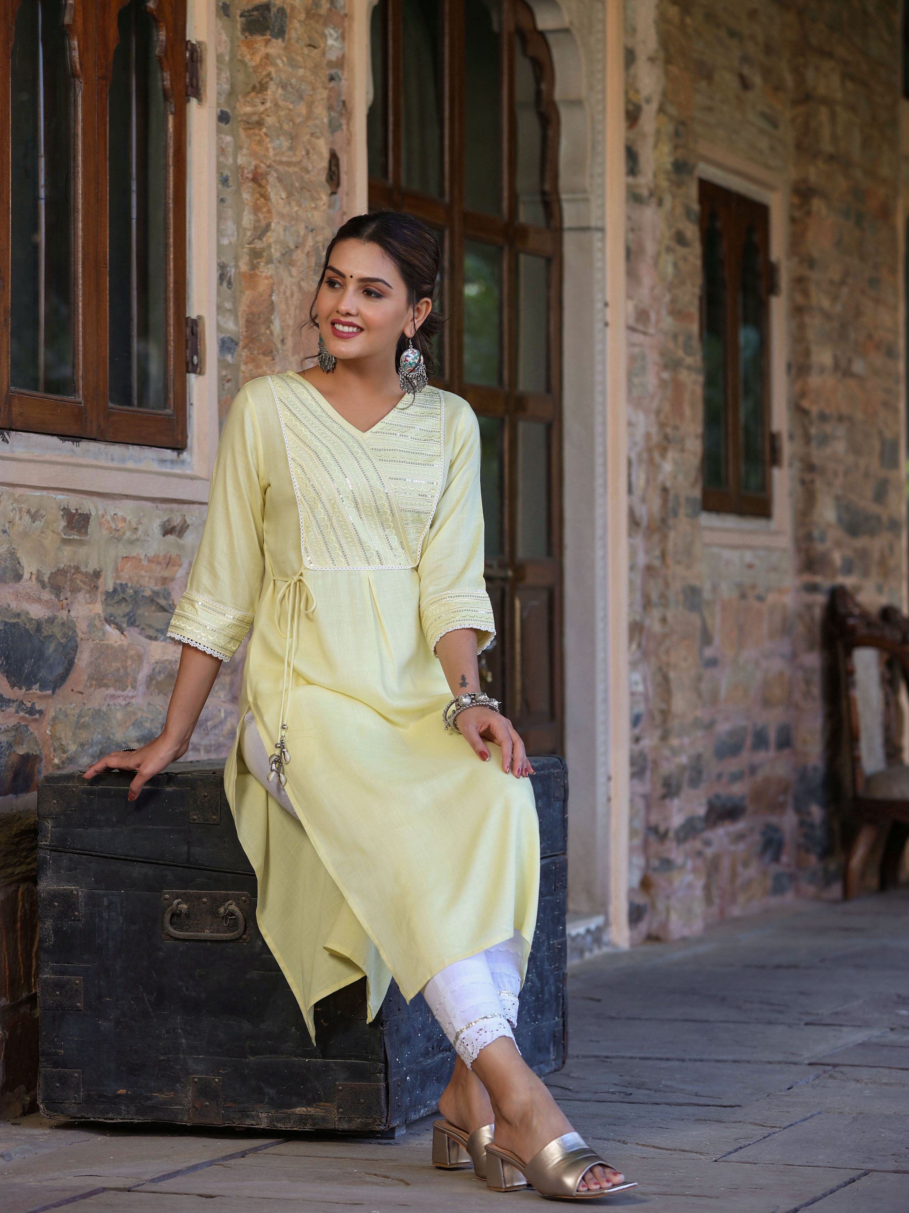 Juniper Women's Lemon Rayon Slub Solid Embroidered Straight Kurta | Grocsy