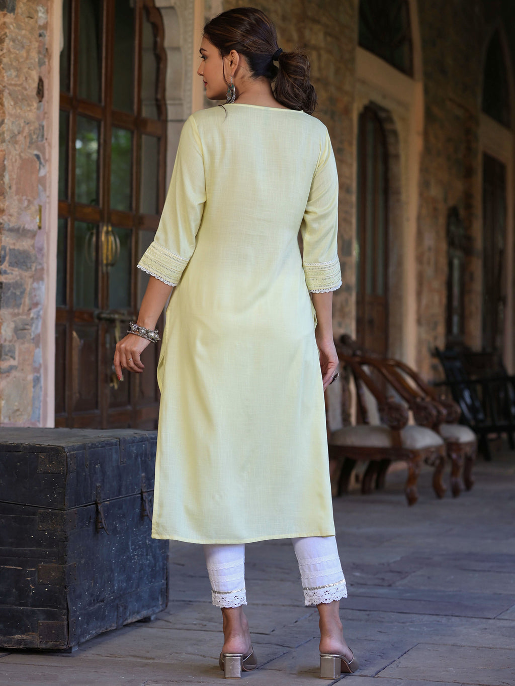 Juniper Women's Lemon Rayon Slub Solid Embroidered Straight Kurta | Grocsy