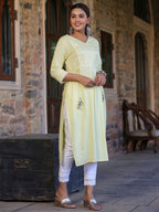 Juniper Women's Lemon Rayon Slub Solid Embroidered Straight Kurta | Grocsy