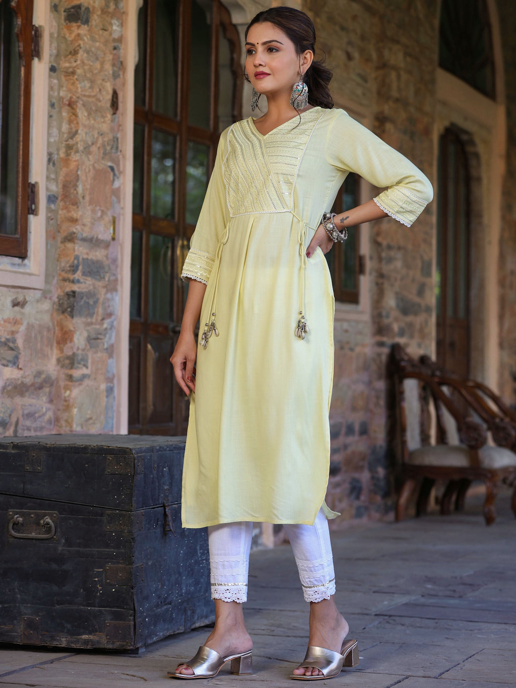 Juniper Women's Lemon Rayon Slub Solid Embroidered Straight Kurta | Grocsy