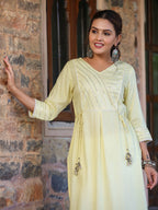Juniper Women's Lemon Rayon Slub Solid Embroidered Straight Kurta | Grocsy