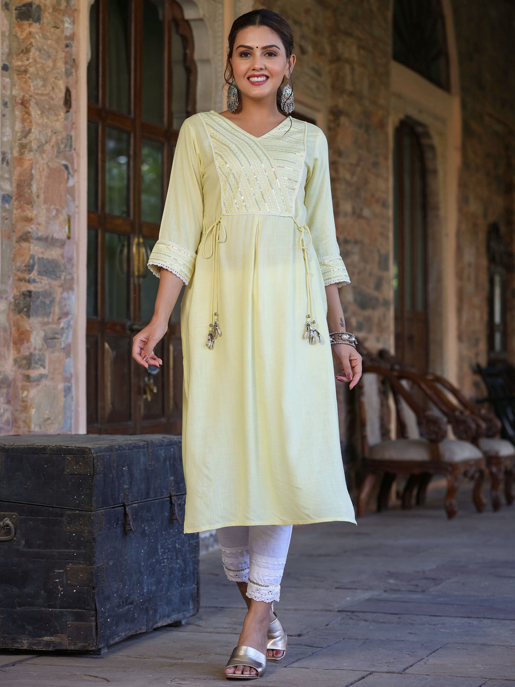 Juniper Women's Lemon Rayon Slub Solid Embroidered Straight Kurta | Grocsy