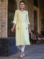 Juniper Women's Lemon Rayon Slub Solid Embroidered Straight Kurta | Grocsy