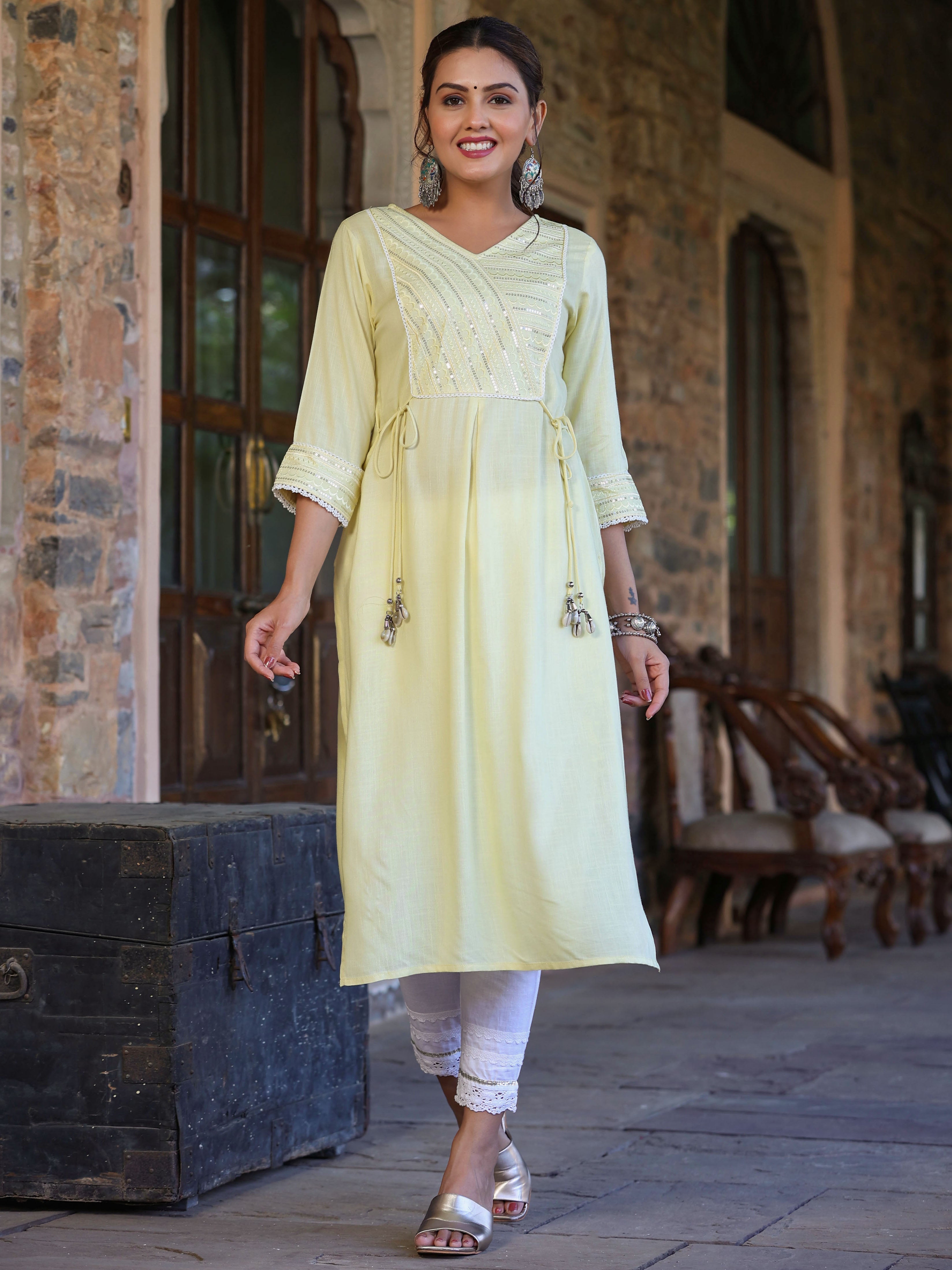 Juniper Women's Lemon Rayon Slub Solid Embroidered Straight Kurta | Grocsy