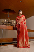 Vardha Red Rose Golden Zari Kanjeevaram Silk Saree | Grocsy